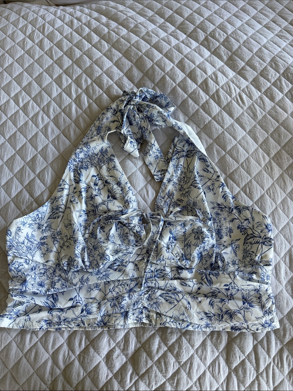 Blue and White Floral Halter Crop Top